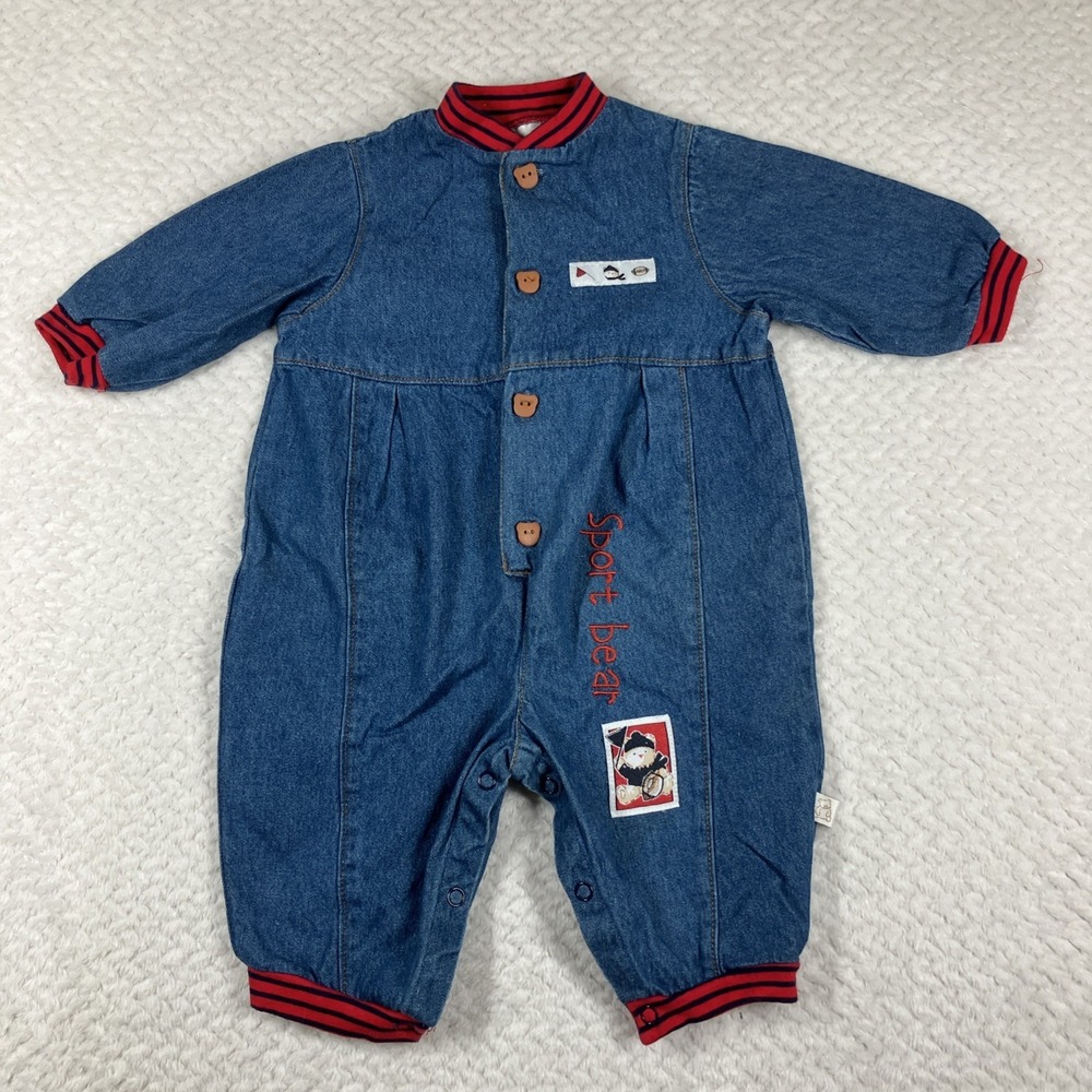 Vintage 90s Baby Teddy "Sports Bear" Coveralls Pants Size 6/9 Months Denim